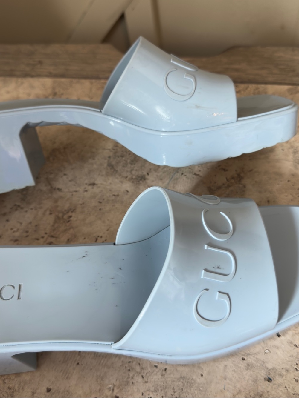 Gucci Light Blue Patent Logo Slide Mules - Picture 6 of 6